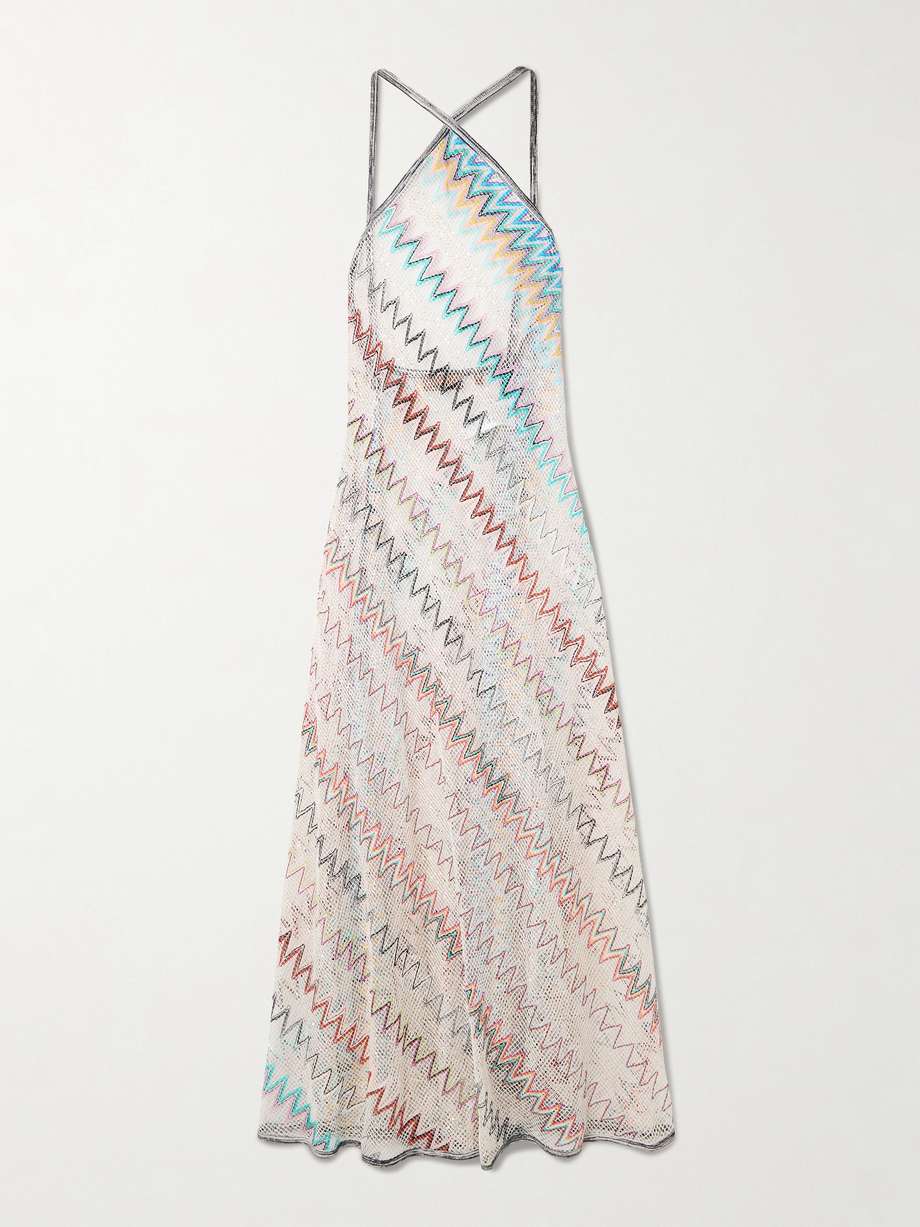 mare striped metallic crochet-knit halterneck dress