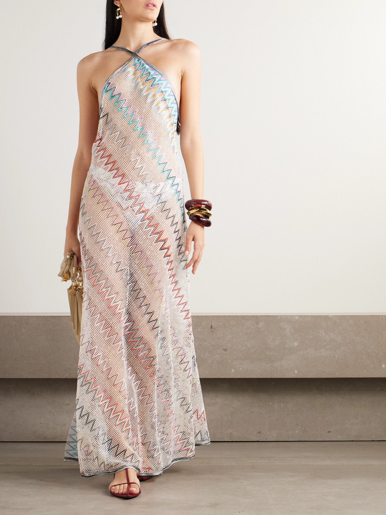 Missoni Mare Striped Metallic Crochet-knit Halterneck Dress In White