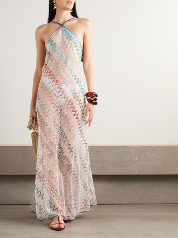 Missoni Mare striped metallic crochet-knit halterneck dress