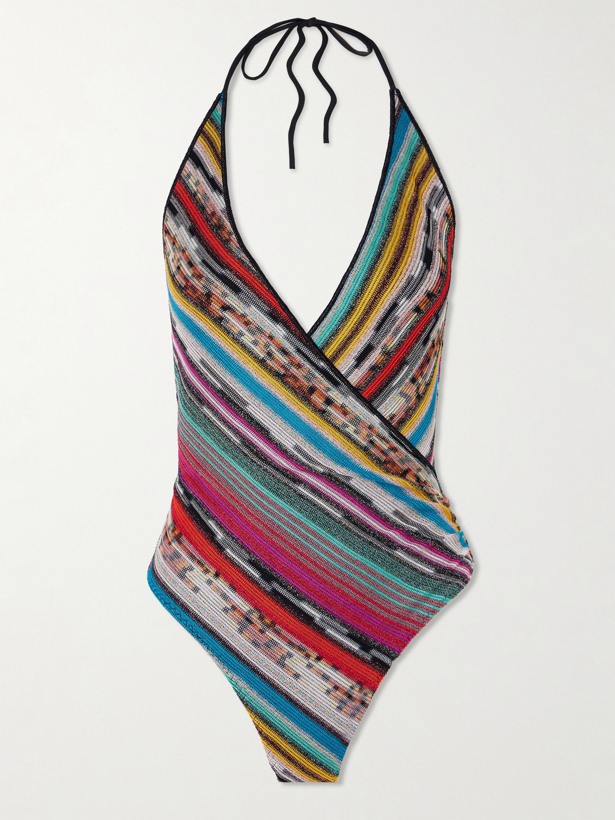 Missoni Mare Striped Metallic Crochet-knit Halterneck Swimsuit In Multi