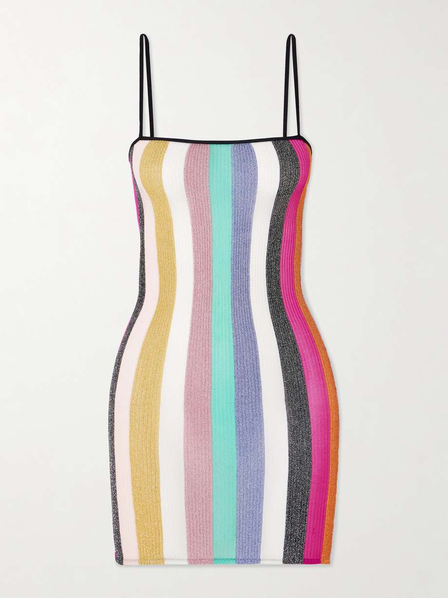 striped metallic crochet-knit mini dress