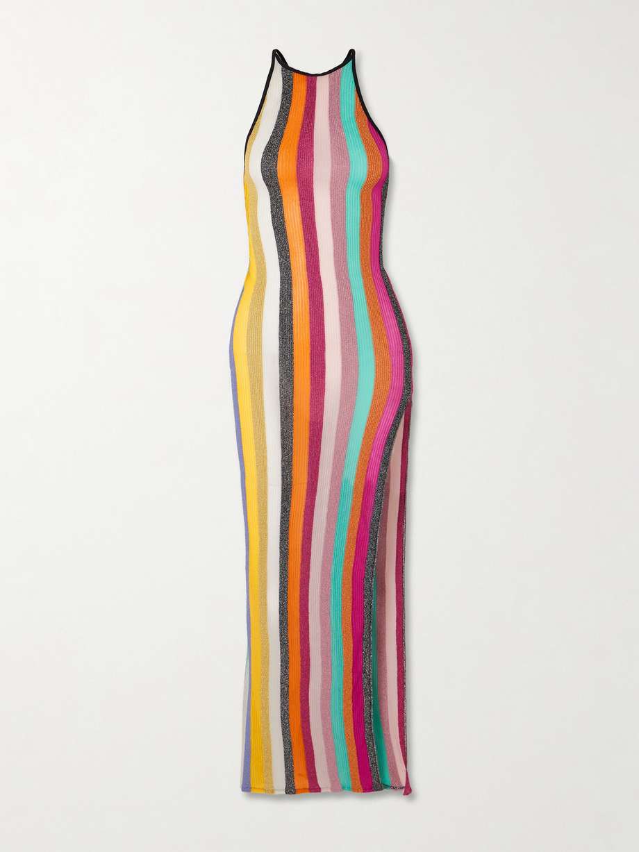 striped metallic crochet-knit maxi dress
