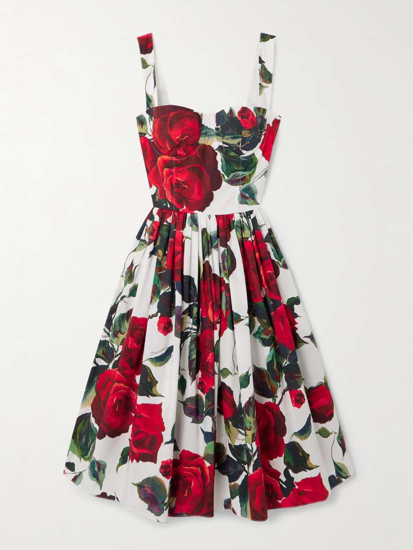 Dolce & Gabbana Pleated Floral-print Cotton-poplin Dress
