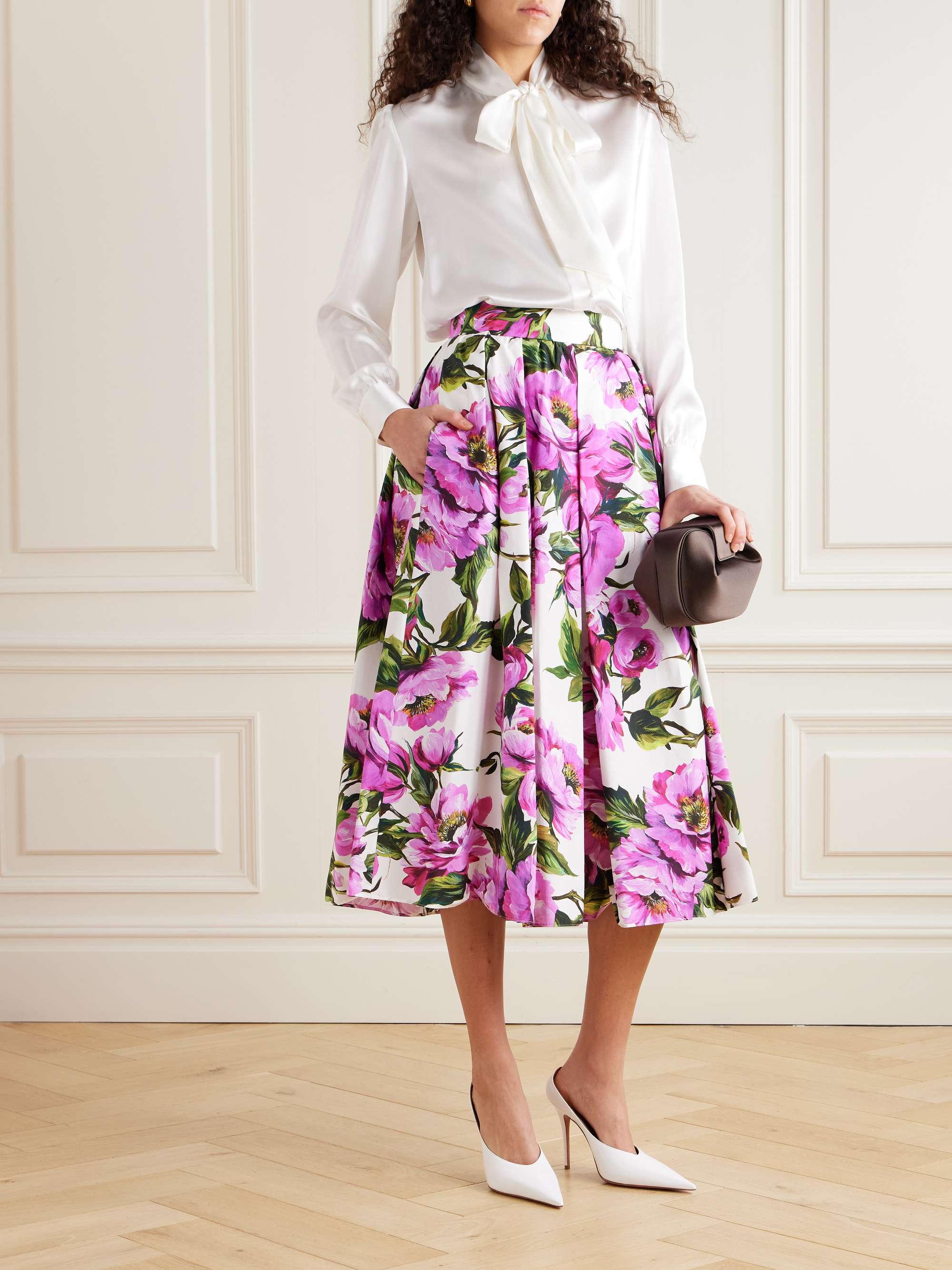 DOLCE&GABBANA Pleated floral-print cotton-poplin midi skirt