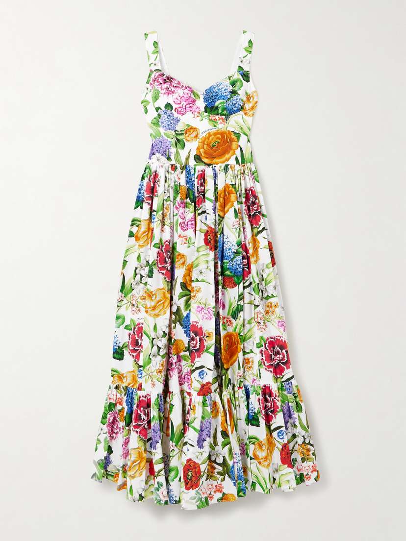 Dolce & Gabbana Tiered Pleated Floral-print Cotton-poplin Midi Dress