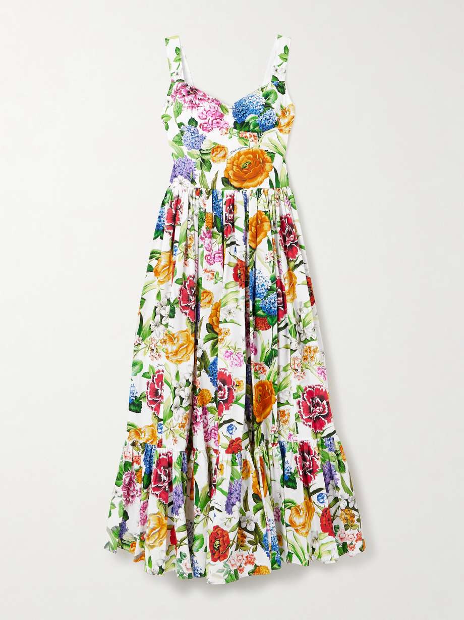 tiered pleated floral-print cotton-poplin midi dress