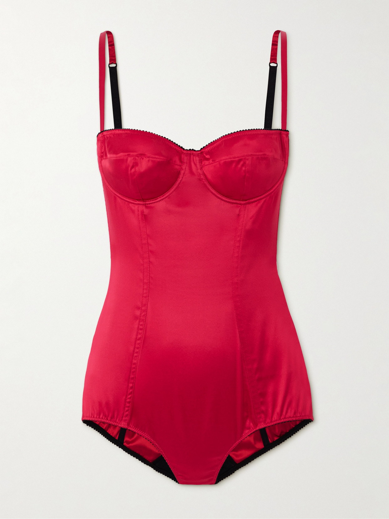 Shop Dolce & Gabbana Underwired Picot-trimmed Stretch-silk Satin Bodysuit In Red