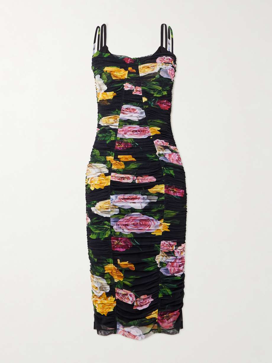 paneled ruched floral-print tulle dress