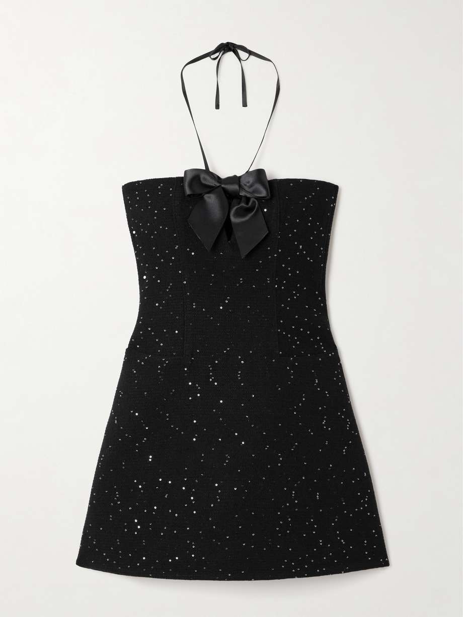 bow and sequin-embellished wool-blend tweed mini dress