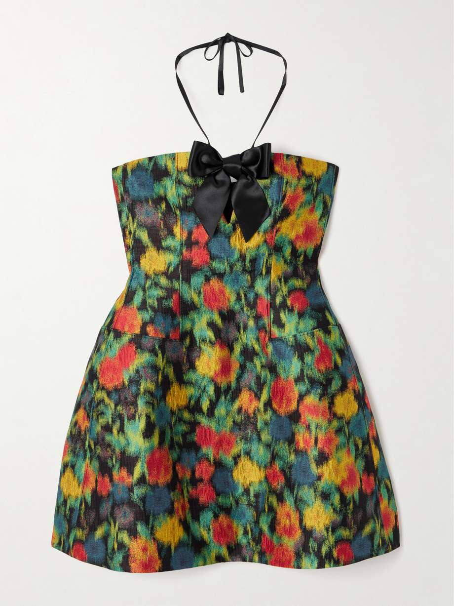bow-embellished brocade mini dress