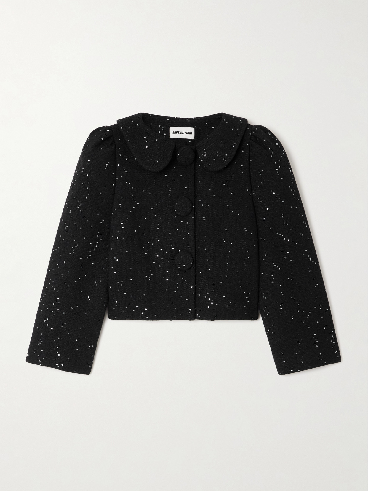 Shushu-tong Cropped Sequined Wool-blend Tweed Jacket In Black