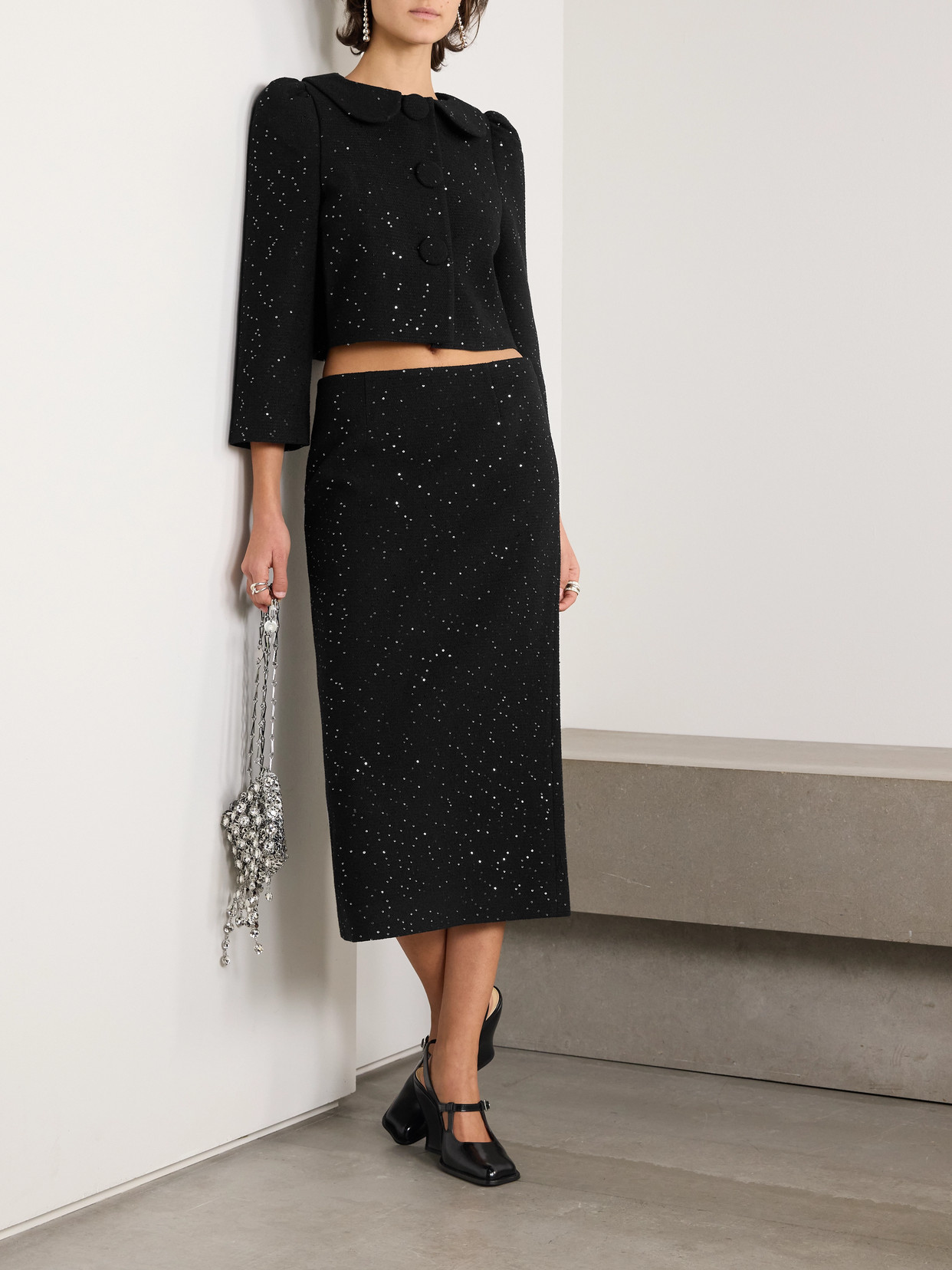 Shushu-tong Cropped Sequined Wool-blend Tweed Jacket In Black