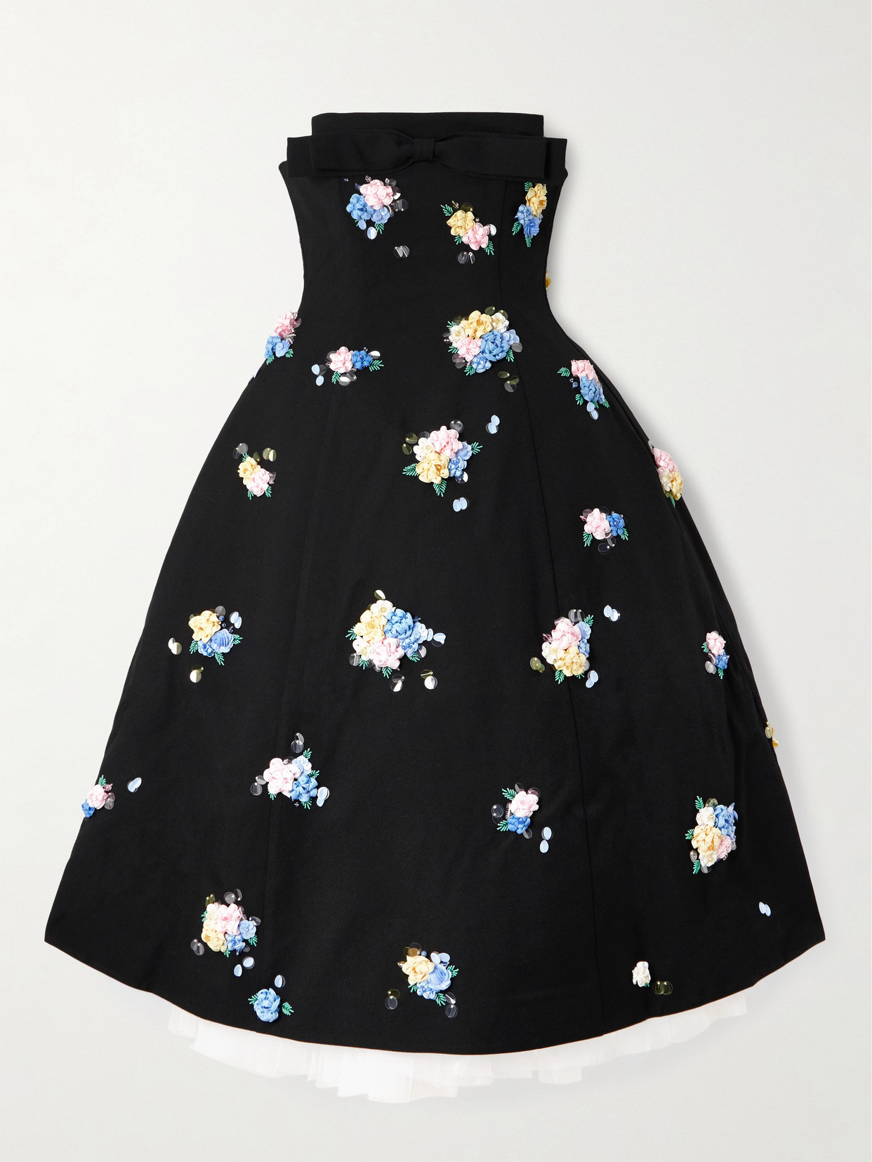 Shushu-tong Strapless Bow-detailed Embellished Twill Midi Dress In Black