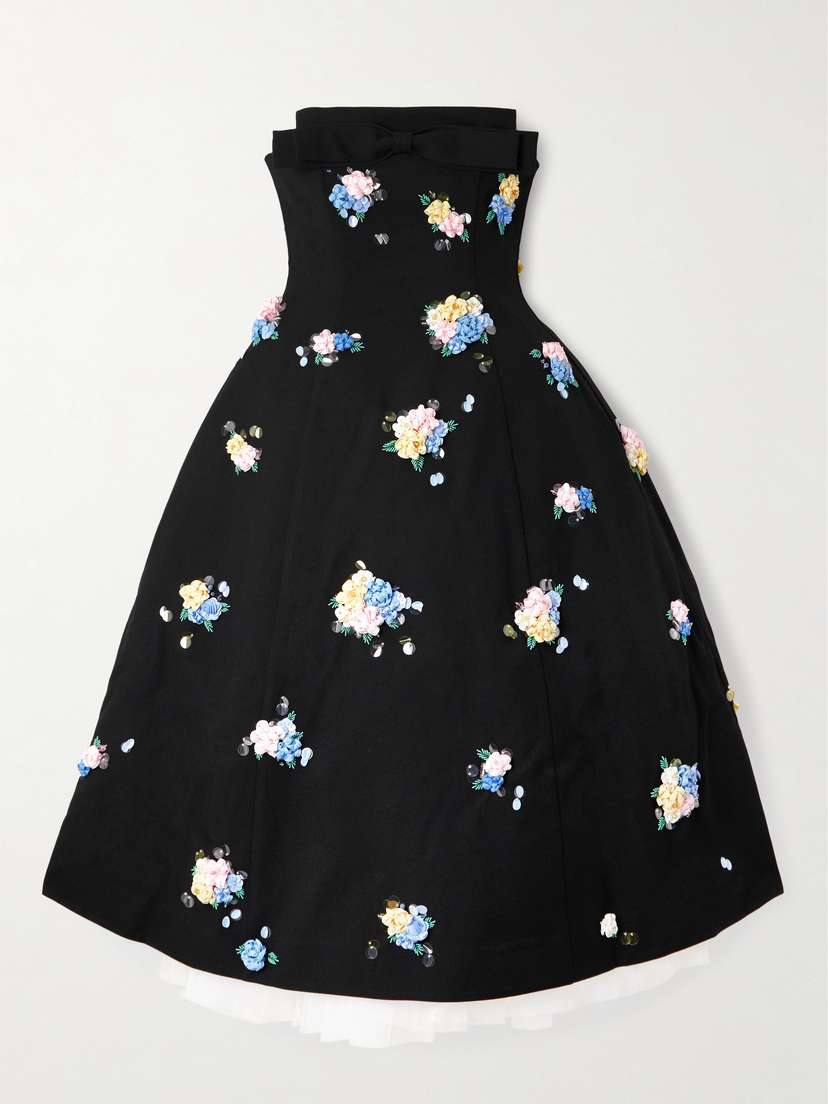 SHUSHU/TONG Strapless Bow-detailed Embellished Twill Midi Dress