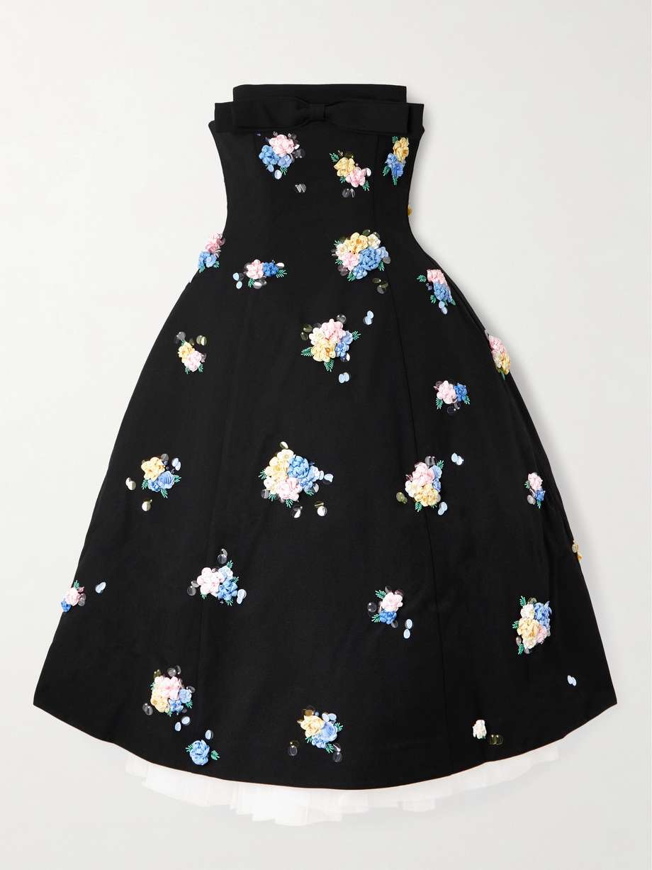 strapless bow-detailed embellished twill midi dress