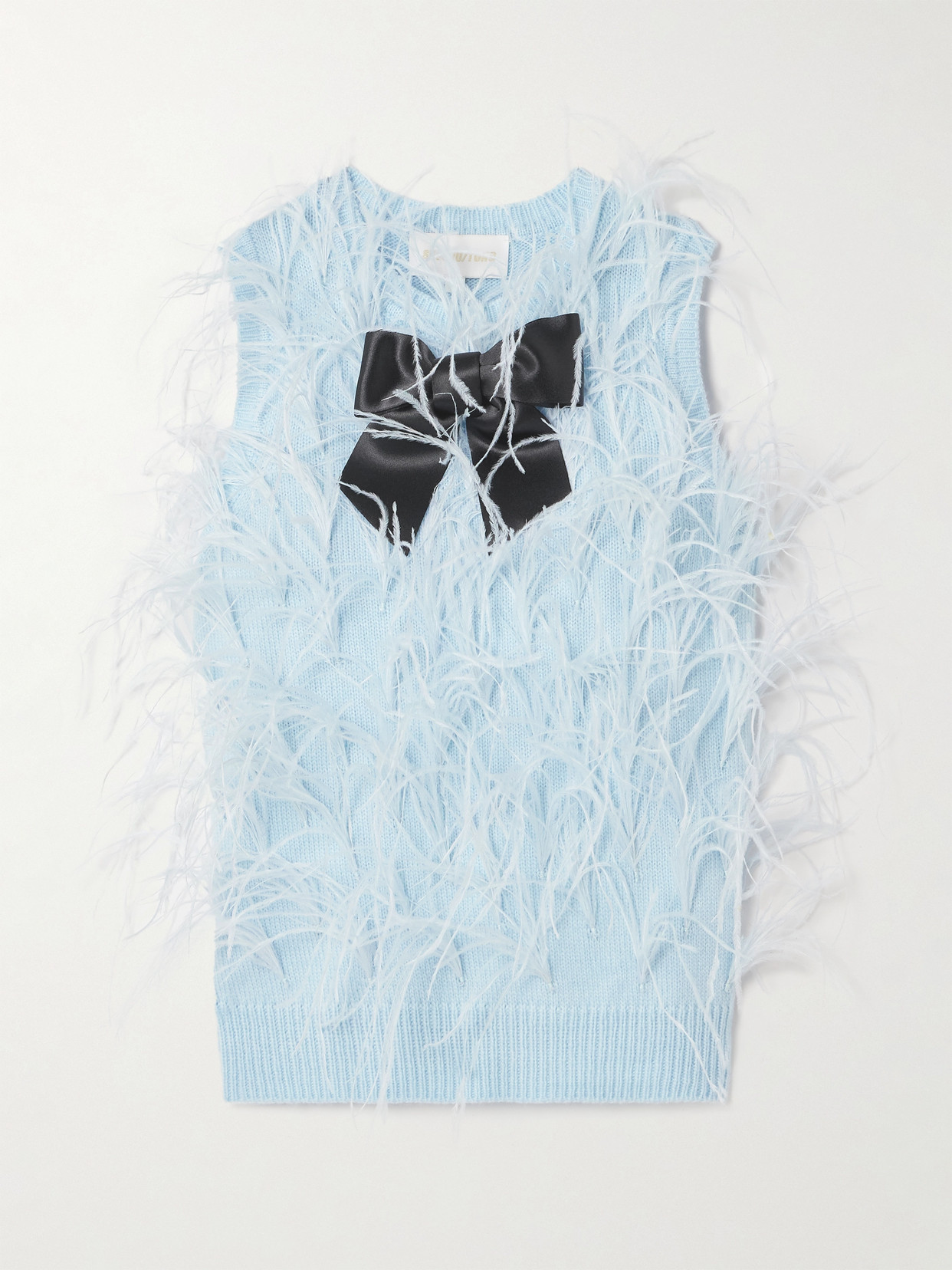 Shushu-tong Feather- And Satin-trimmed Knitted Sweater In Blue