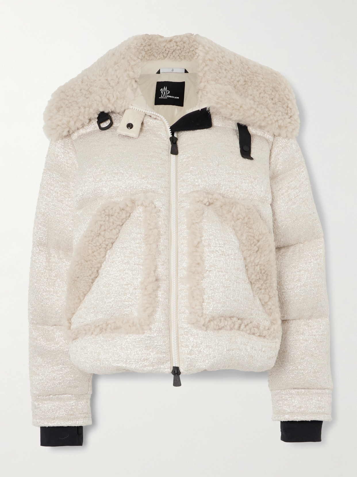 Moncler Stowe Appliquéd Shearling-trimmed Metallic Tweed Down Jacket In Ivory