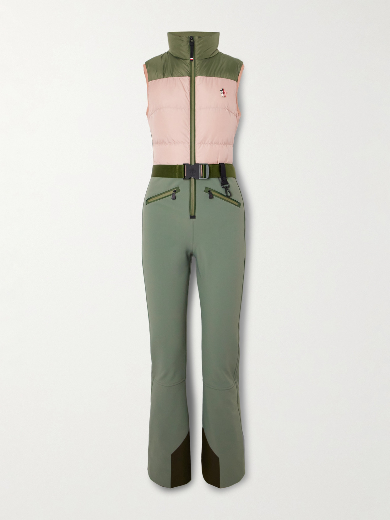 Moncler Belted Paneled Quilted Down Ski Suit In Green