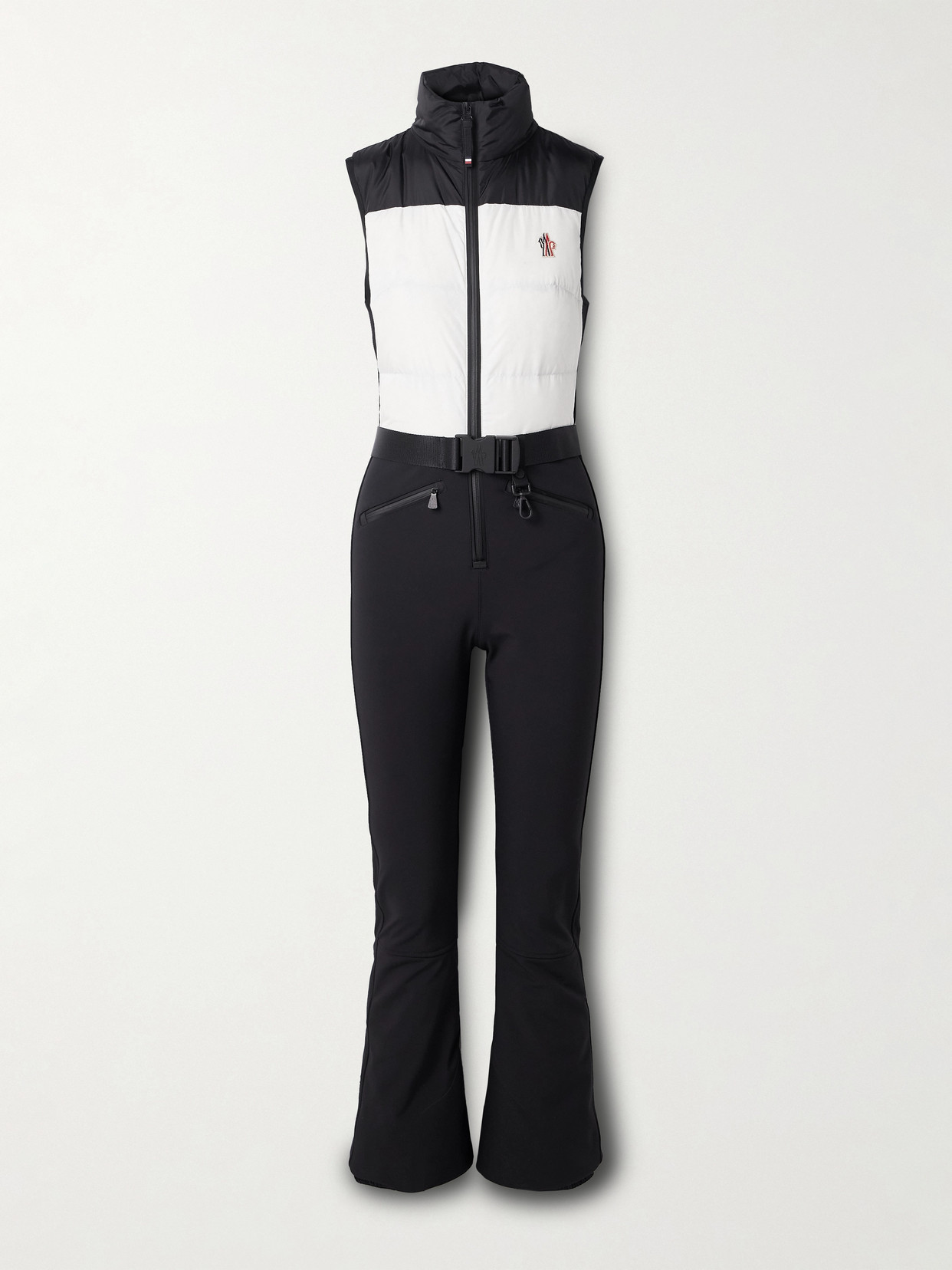 Moncler Belted Paneled Quilted Down Ski Suit In Black