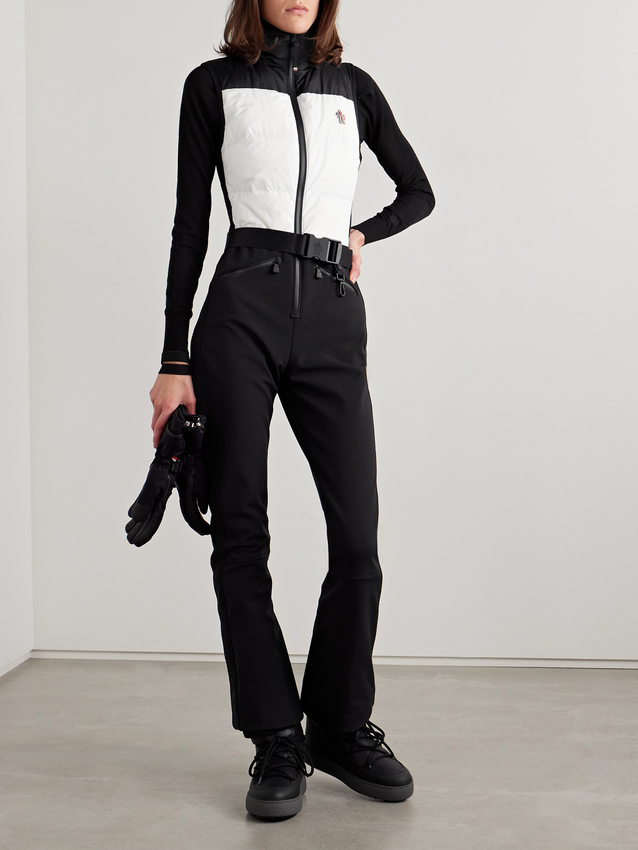 Moncler Belted Paneled Quilted Down Ski Suit In Black
