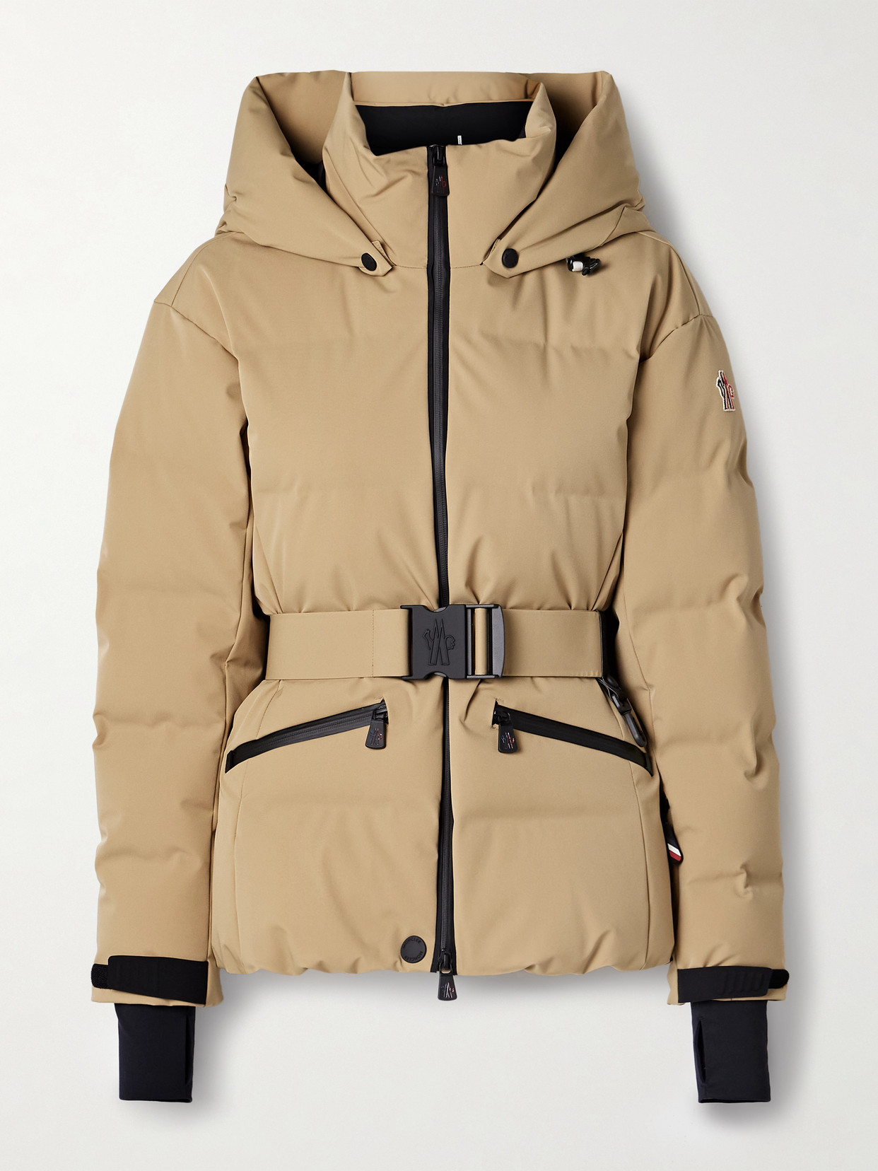 Shop Moncler Tolima Belted Hooded Quilted Down Ski Jacket In Neutrals