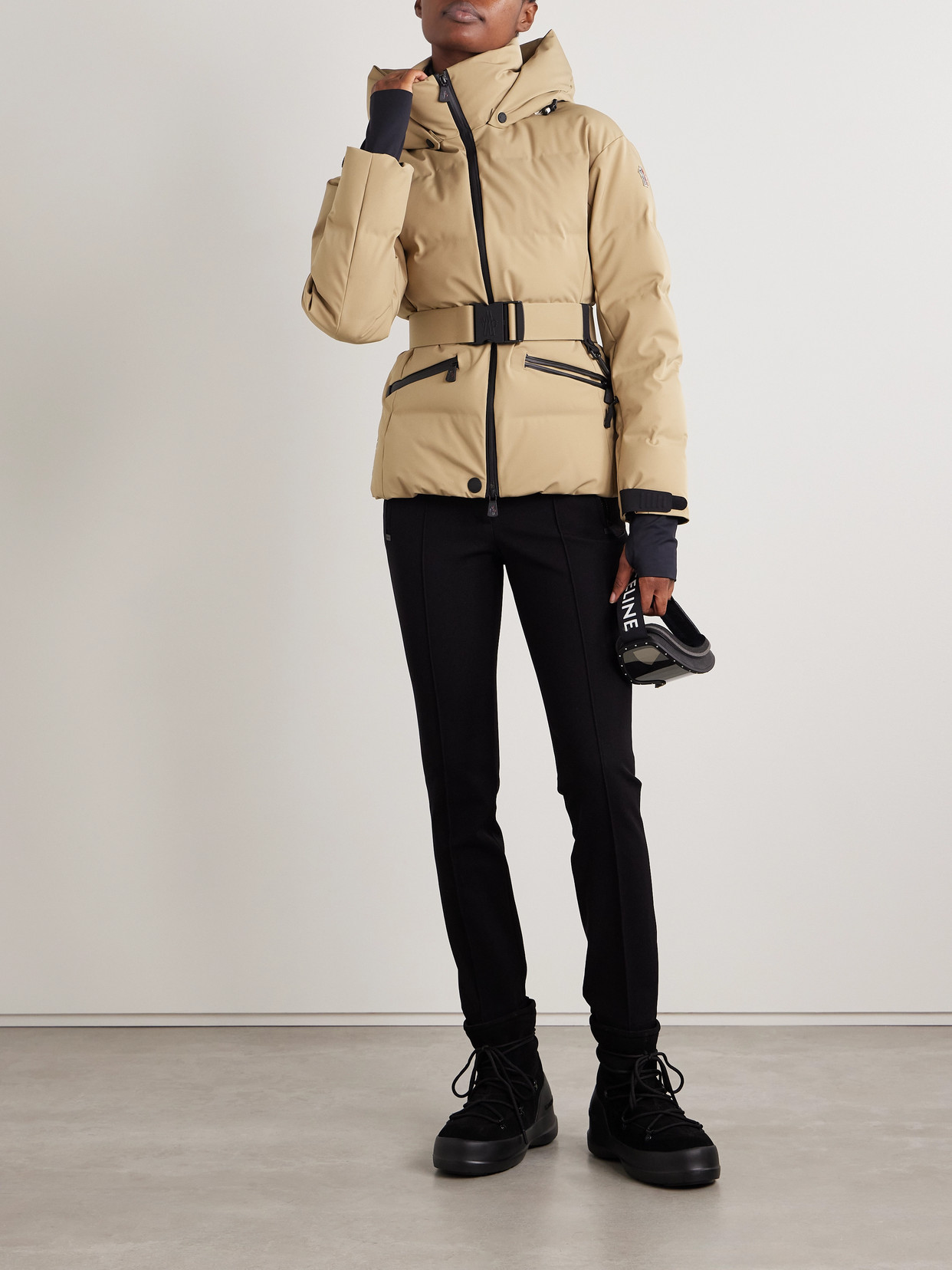 Shop Moncler Tolima Belted Hooded Quilted Down Ski Jacket In Neutrals
