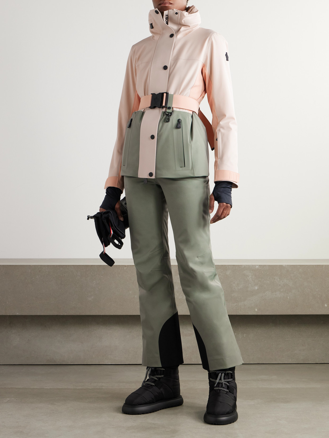 Moncler Hainets Belted Hooded Padded Color-block Ski Jacket In Pink