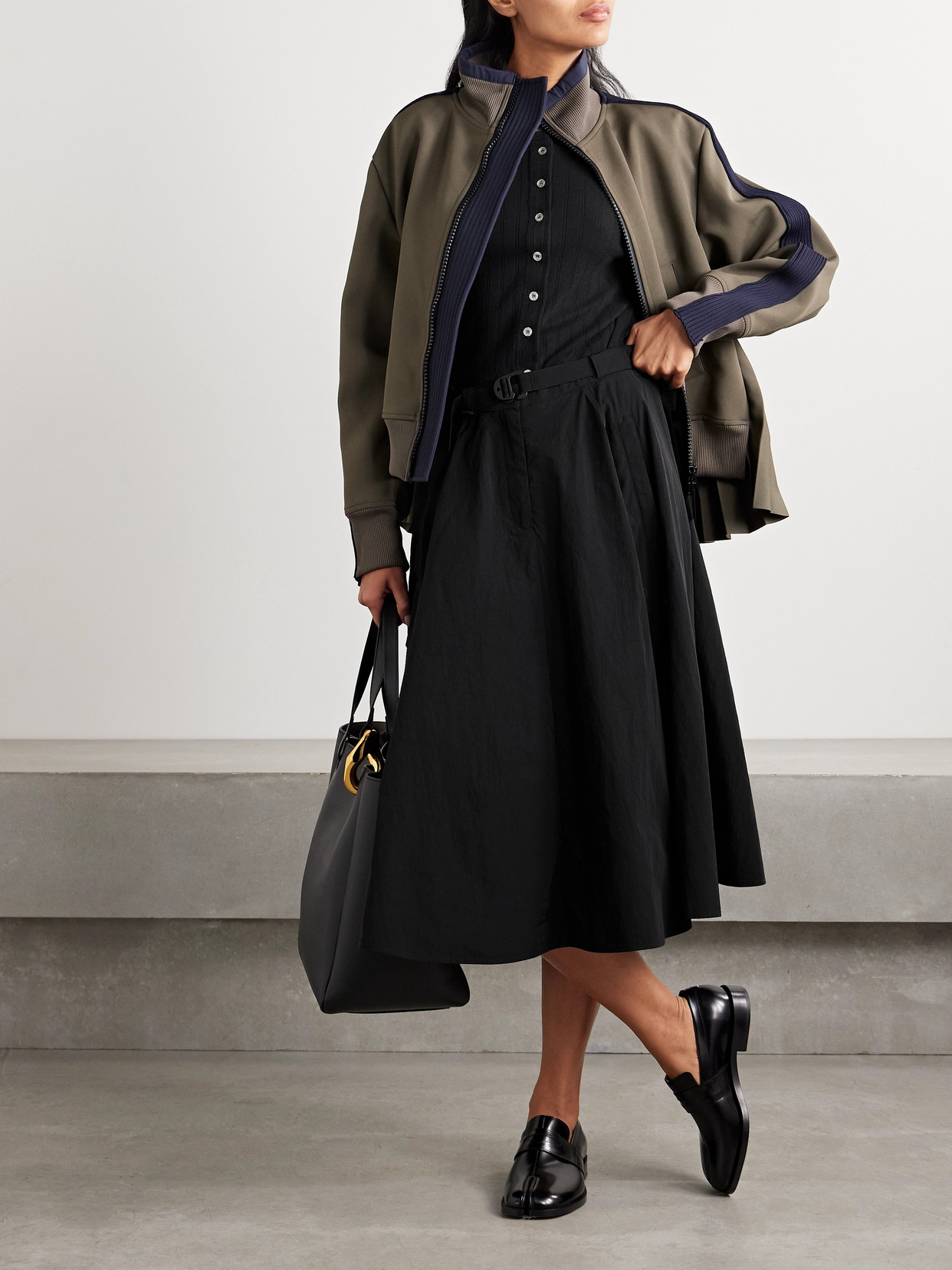 Moncler Crinkled-shell Midi Skirt In Black