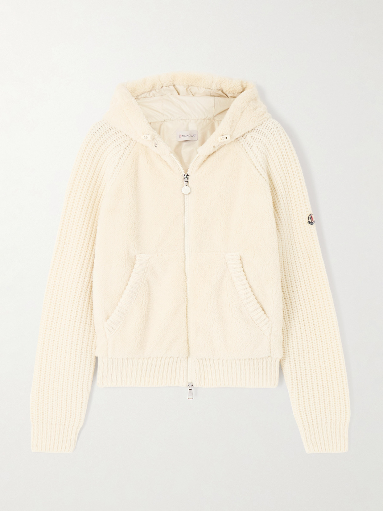 Moncler Hooded Fleece And Ribbed Wool Jacket In Cream