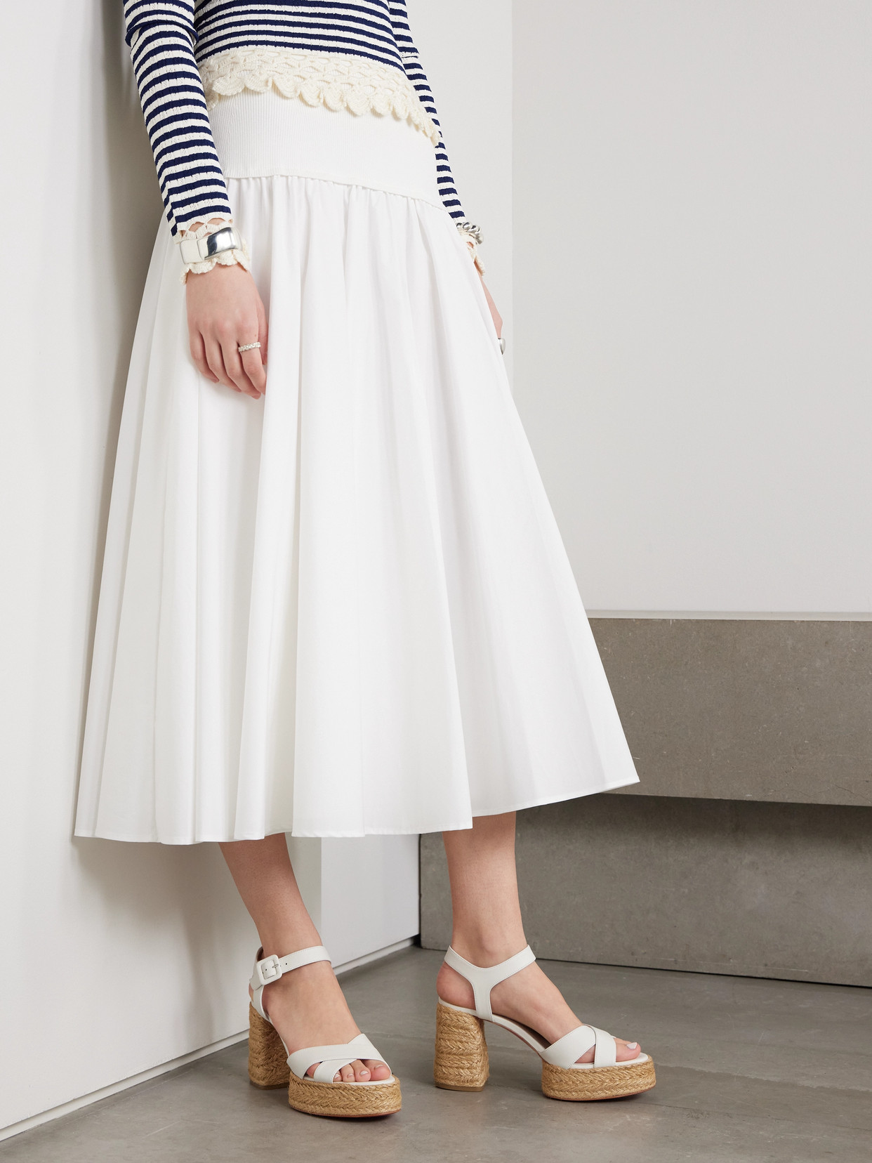 Christian Louboutin Calakala Leather Crisscross Red Sole Espadrille Sandals In White