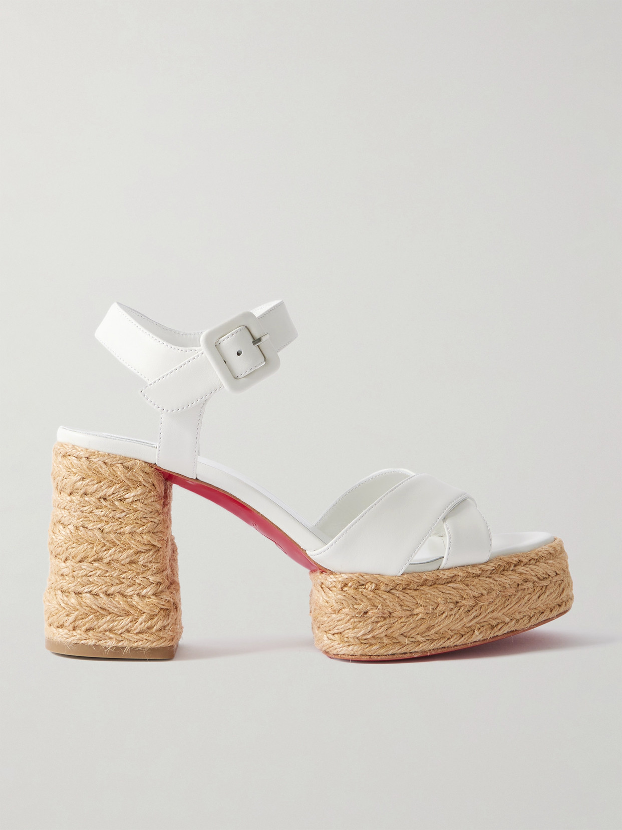 Christian Louboutin Calakala Leather Crisscross Red Sole Espadrille Sandals In White