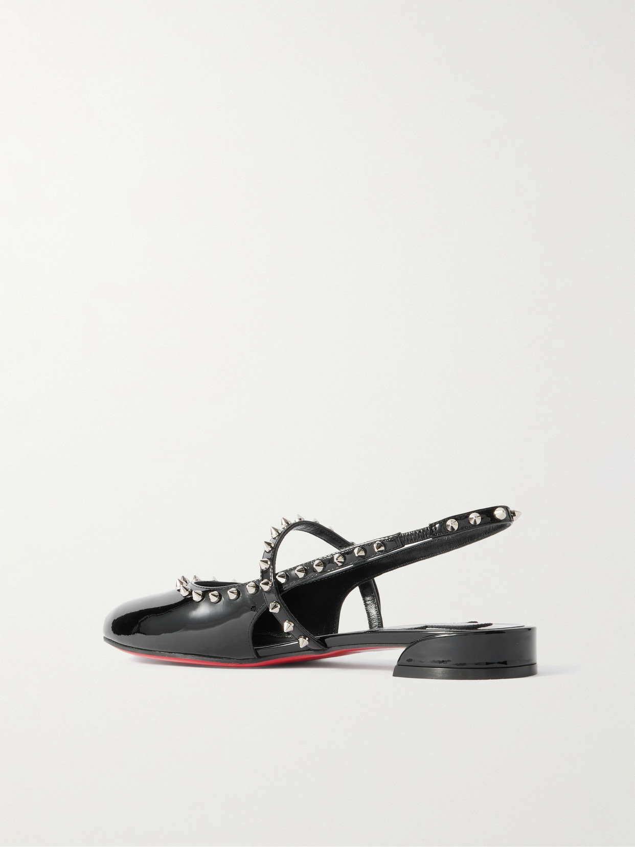 Shop Christian Louboutin Sweet Janispikes Studded Patent-leather Slingback Flats In Black