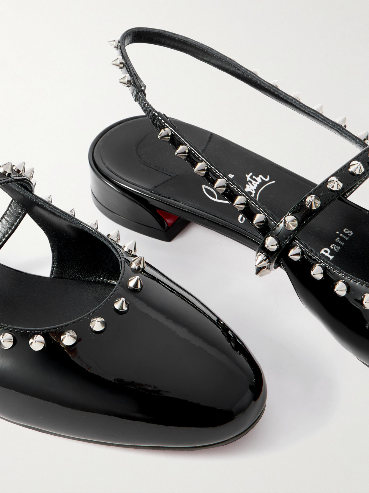 Shop Christian Louboutin Sweet Janispikes Studded Patent-leather Slingback Flats In Black
