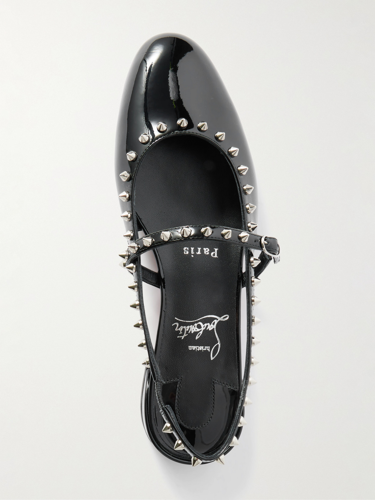 Shop Christian Louboutin Sweet Janispikes Studded Patent-leather Slingback Flats In Black