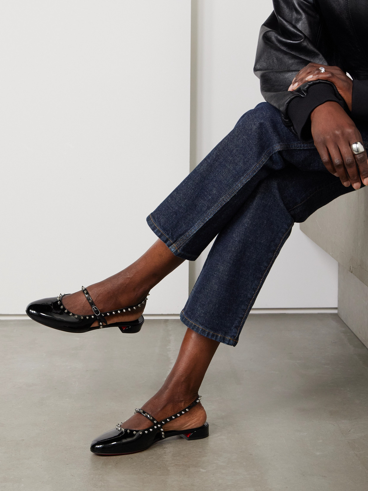 Shop Christian Louboutin Sweet Janispikes Studded Patent-leather Slingback Flats In Black