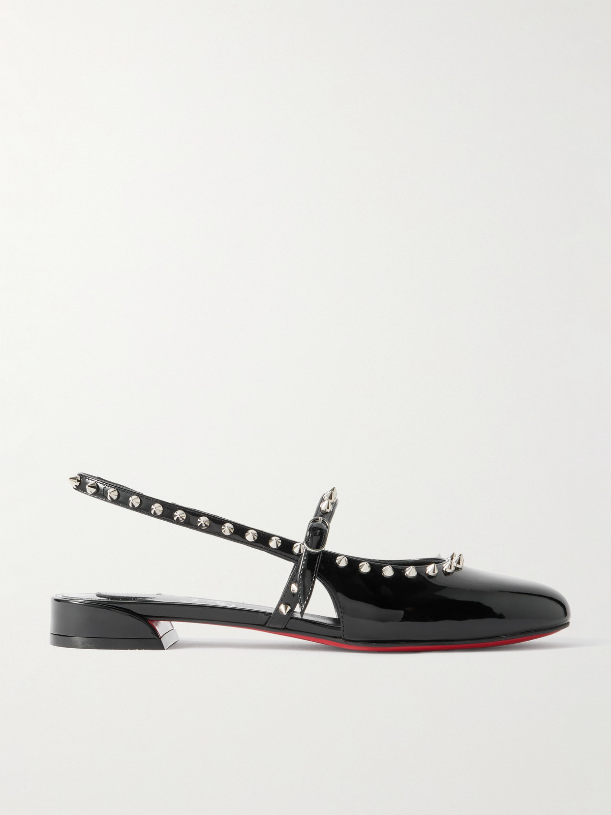 Shop Christian Louboutin Sweet Janispikes Studded Patent-leather Slingback Flats In Black