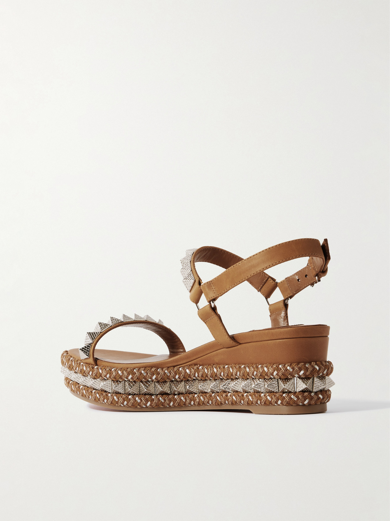 Christian Louboutin Pyraclou Leather Spike Red Sole Wedge Sandals In Brown