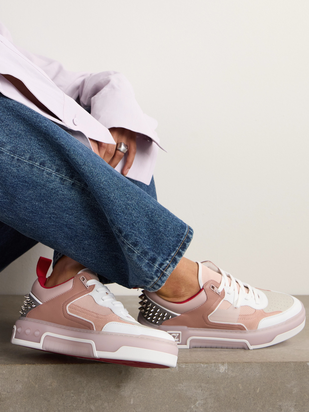 CHRISTIAN LOUBOUTIN ASTROLOUBI SPIKED LEATHER, SUEDE AND MESH SNEAKERS
