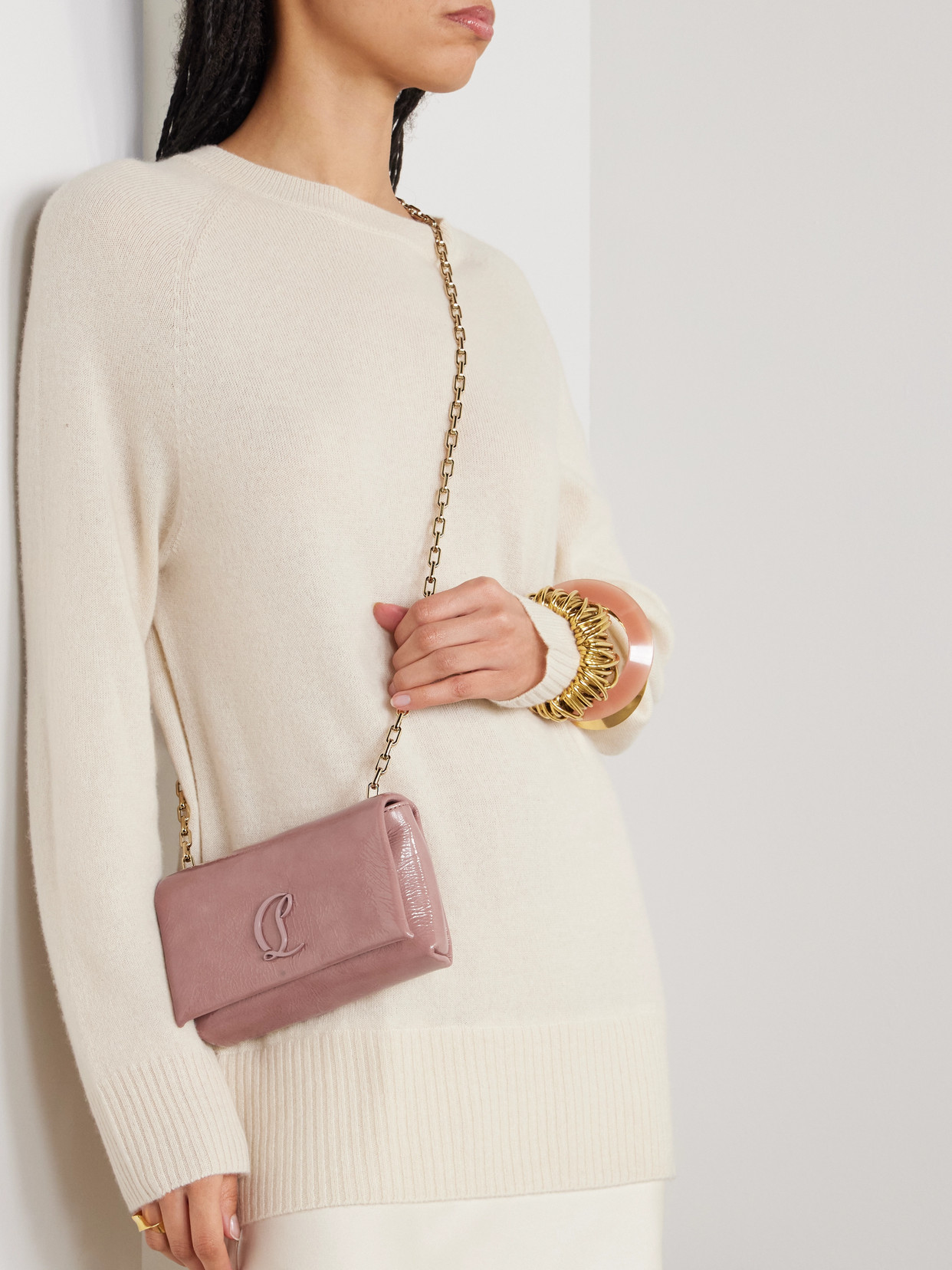 Christian Louboutin Loubi54 Embellished Crinkled Patent-leather Shoulder Bag In Pink