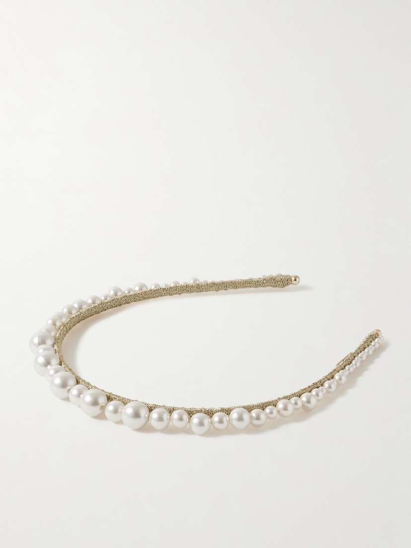 Jennifer Behr Belladonna Pearl-embellished Metallic Knitted Headband