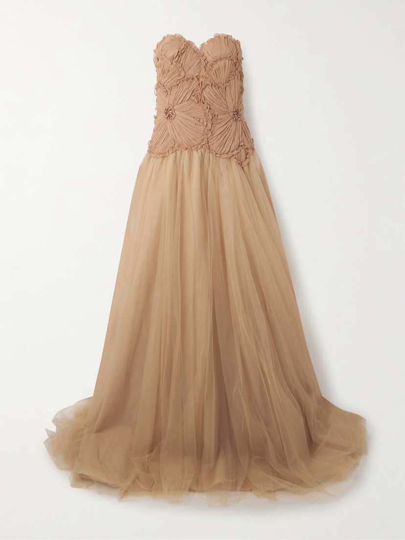 Costarellos Edra Embellished Crinkled Chiffon And Tulle Gown