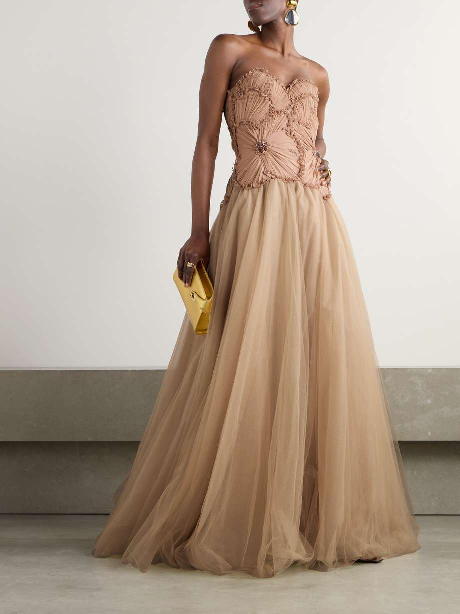edra embellished crinkled chiffon and tulle gown