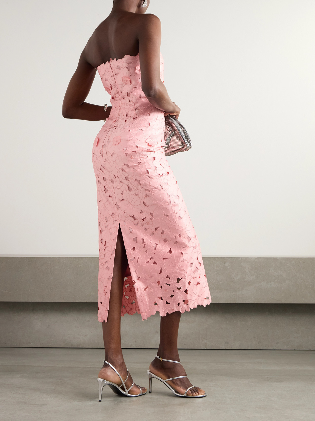 Costarellos Delmara Strapless Cutout Embroidered Satin Midi Dress In Pink