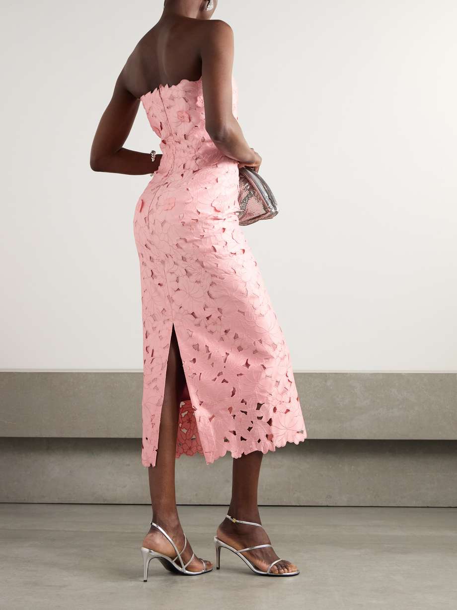 delmara strapless cutout embroidered satin midi dress