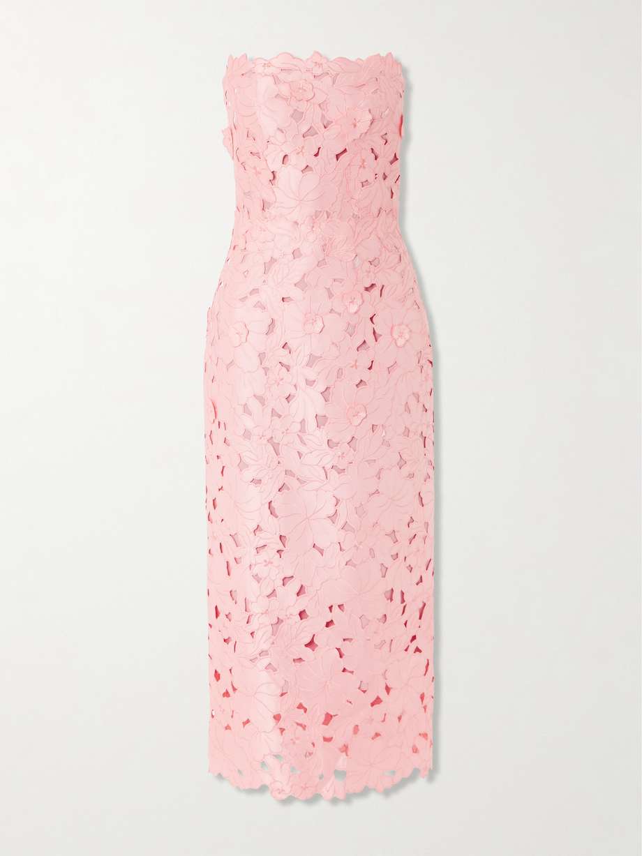 delmara strapless cutout embroidered satin midi dress