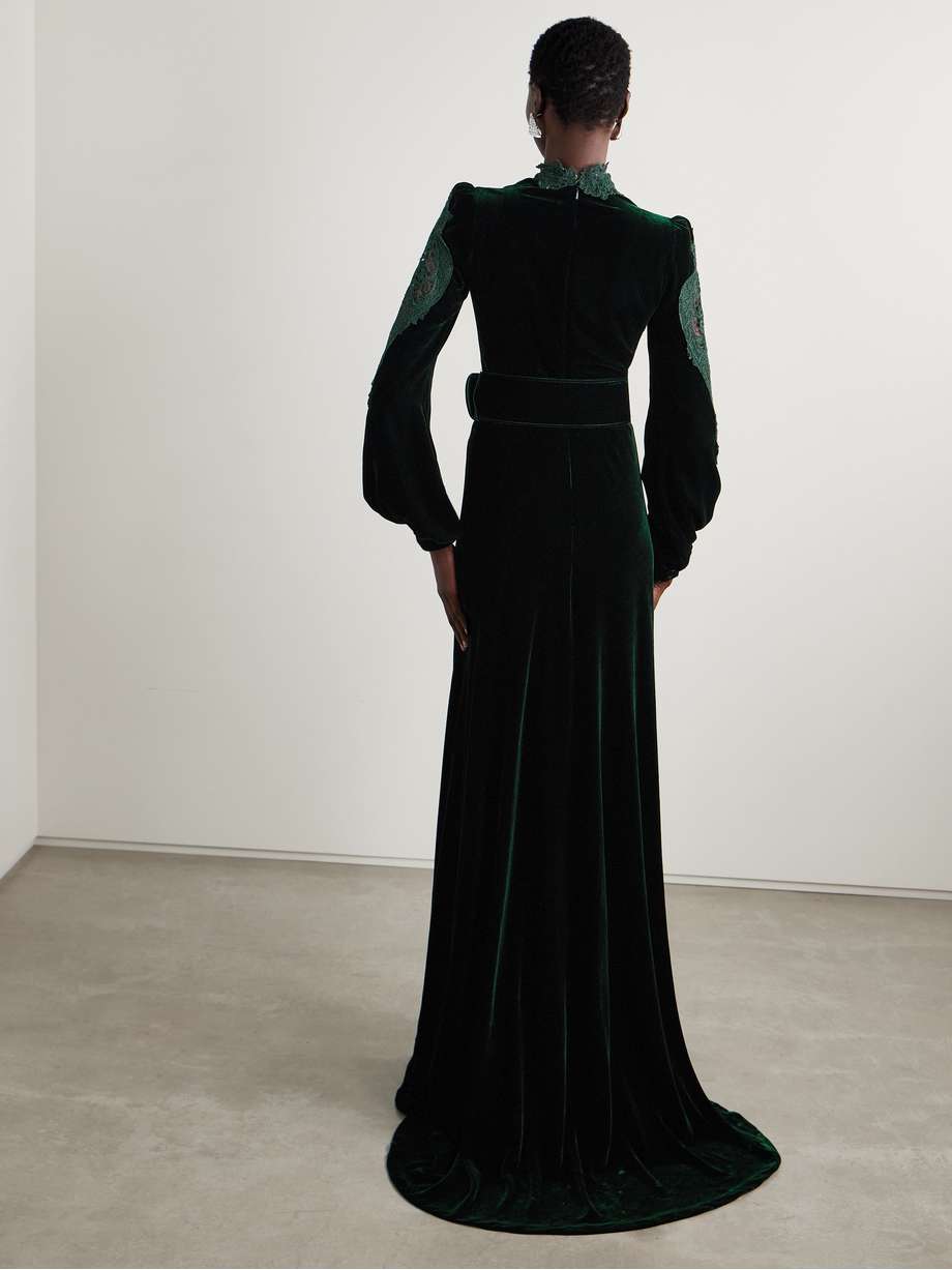 belted corded lace-trimmed velvet gown
