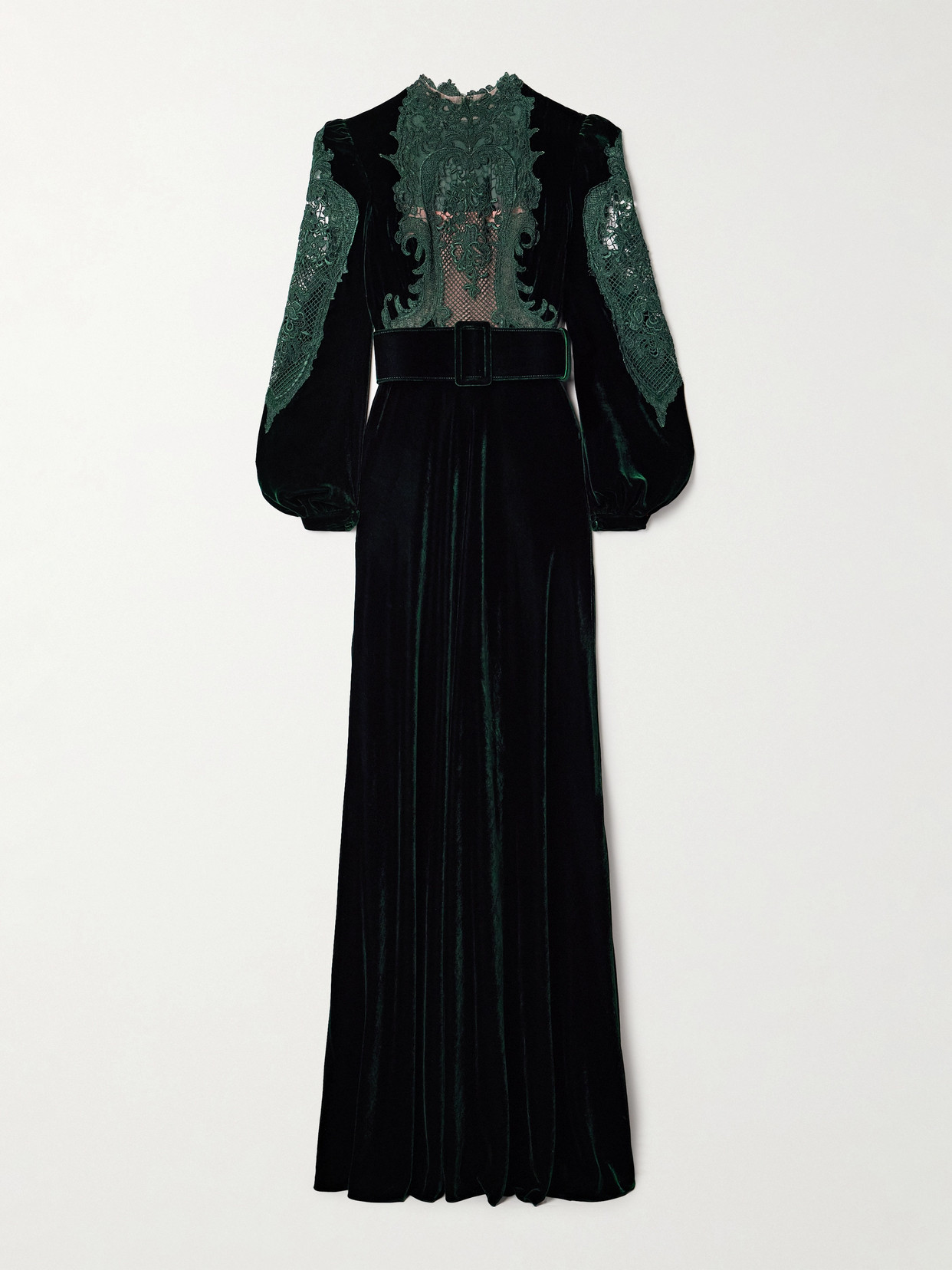 Costarellos Belted Corded Lace-trimmed Velvet Gown In Green