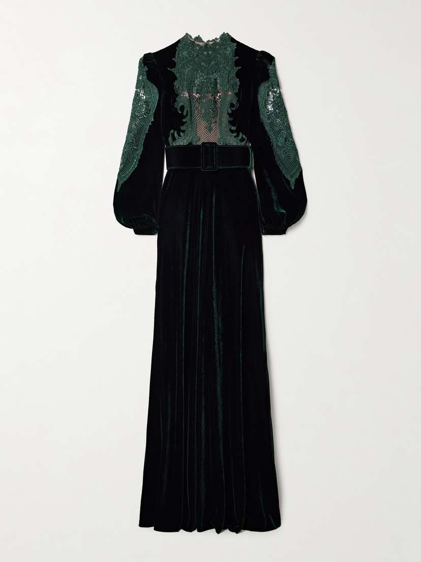 Costarellos Belted Corded Lace-trimmed Velvet Gown