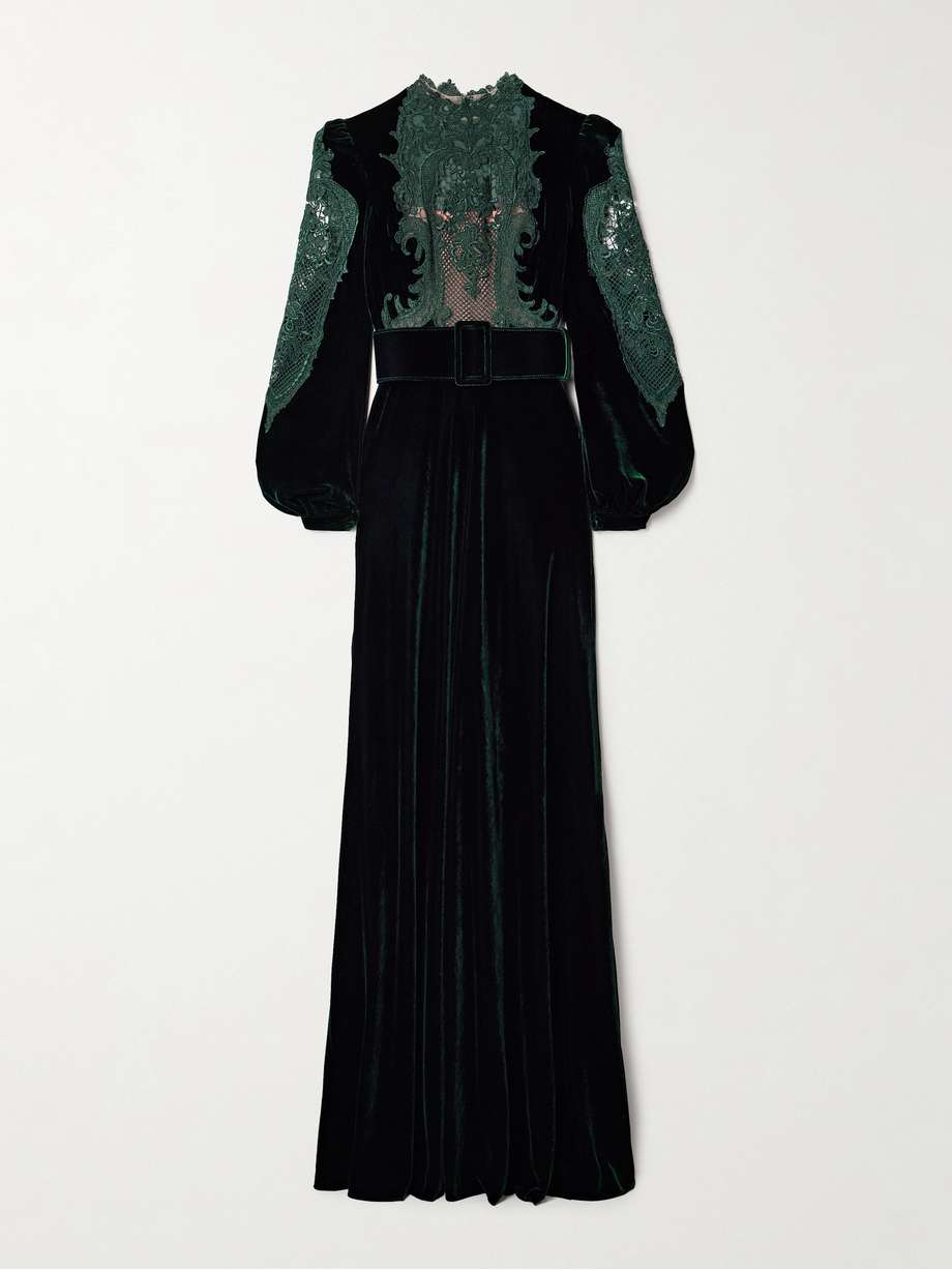 belted corded lace-trimmed velvet gown