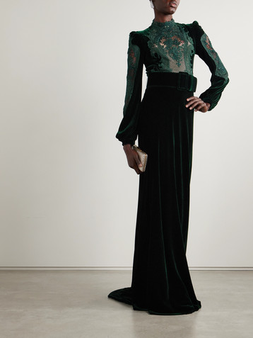 Costarellos Belted corded lace-trimmed velvet gown